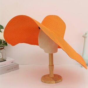 Vibrant Orange Wide-Brim Oversized Straw Hat
